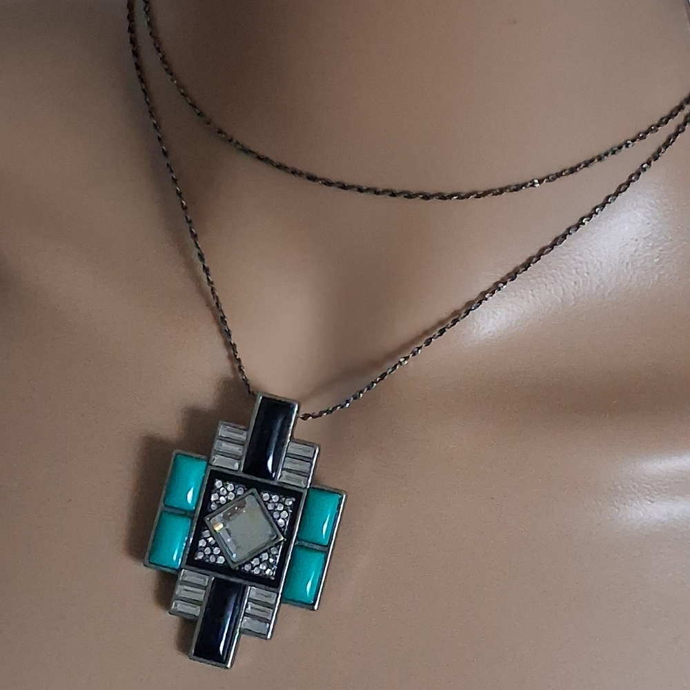 Lia Sophia Art Deco Design Black and Turquoise Colored Pendant Necklace